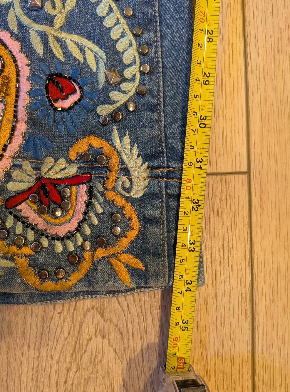 Alice + Olivia Denim Flare Jeans with Multicolor Paisley Embroidery - Picture 16 of 16